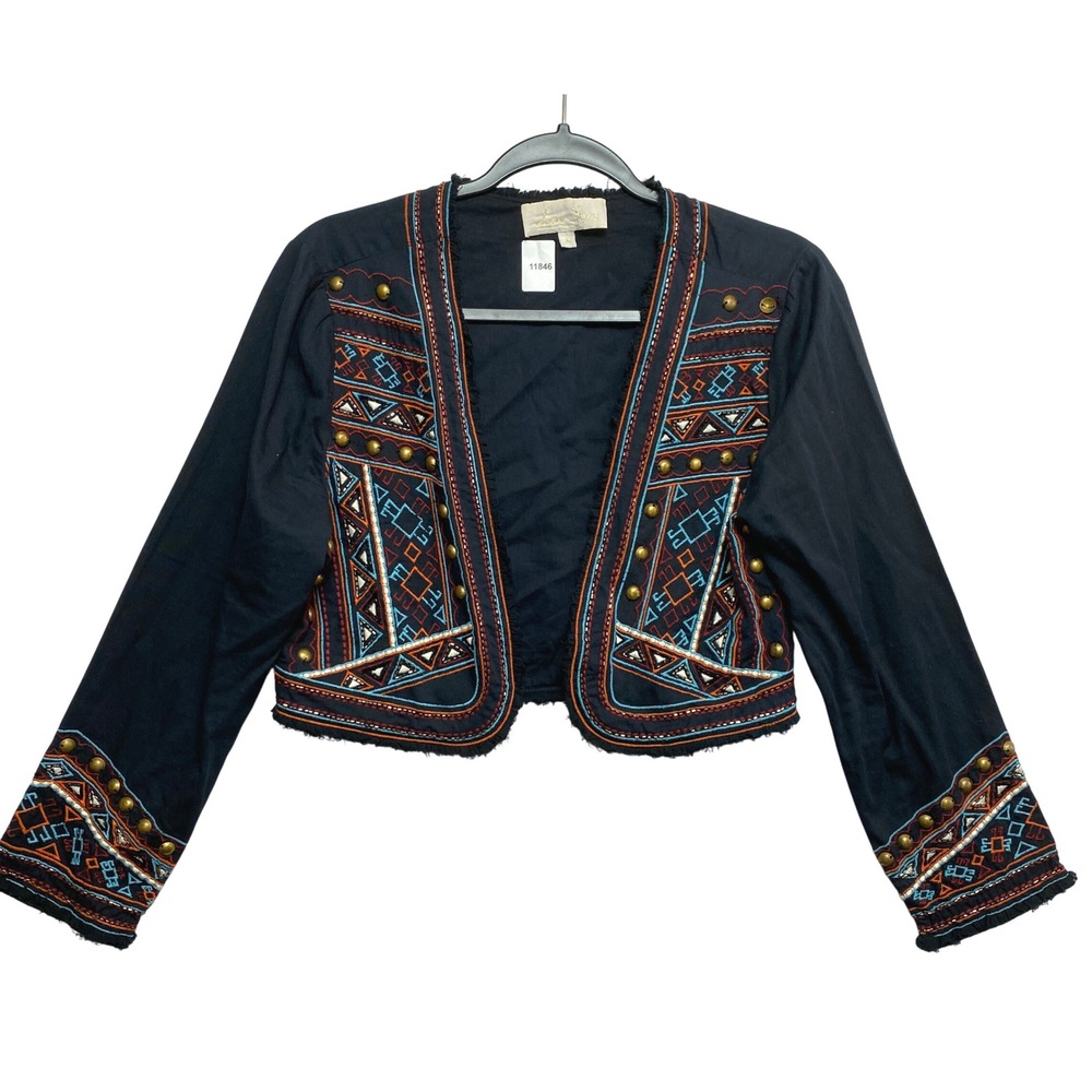 Love Sam Jacket Womens M Black Boho Embroidered Studded Cropped Open Front